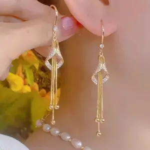 Elegant and fashionable geometric rhombus long tassel earrings for women DDES0823, versatile full-diamond earrings, light luxury, face-slimming earrings