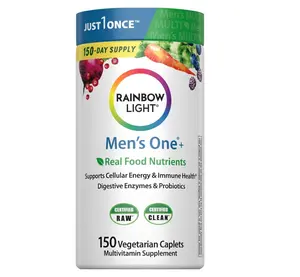 Rainbow Light Mens Multivitamin One + | 150 Caplets | Supports Cellular Energy & Immune Health | with Vitamins C, D, and Zinc | Real Food Nutrients, Digestive Enzymes & Probiotics