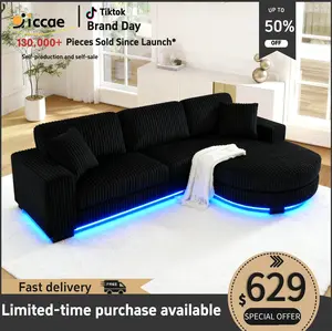 【Sub 3 packages】Niccae Modern Floor Sofa with 2 Pillows, Convertible Teddy Fabric Foam Filled Sleeper Sofa, Corduroy Tufted Upholstered Lounger, L-Shaped Modular Sectional with Ottoman, Left & Right Placement, Home Office Living Room Bedroom Apartment