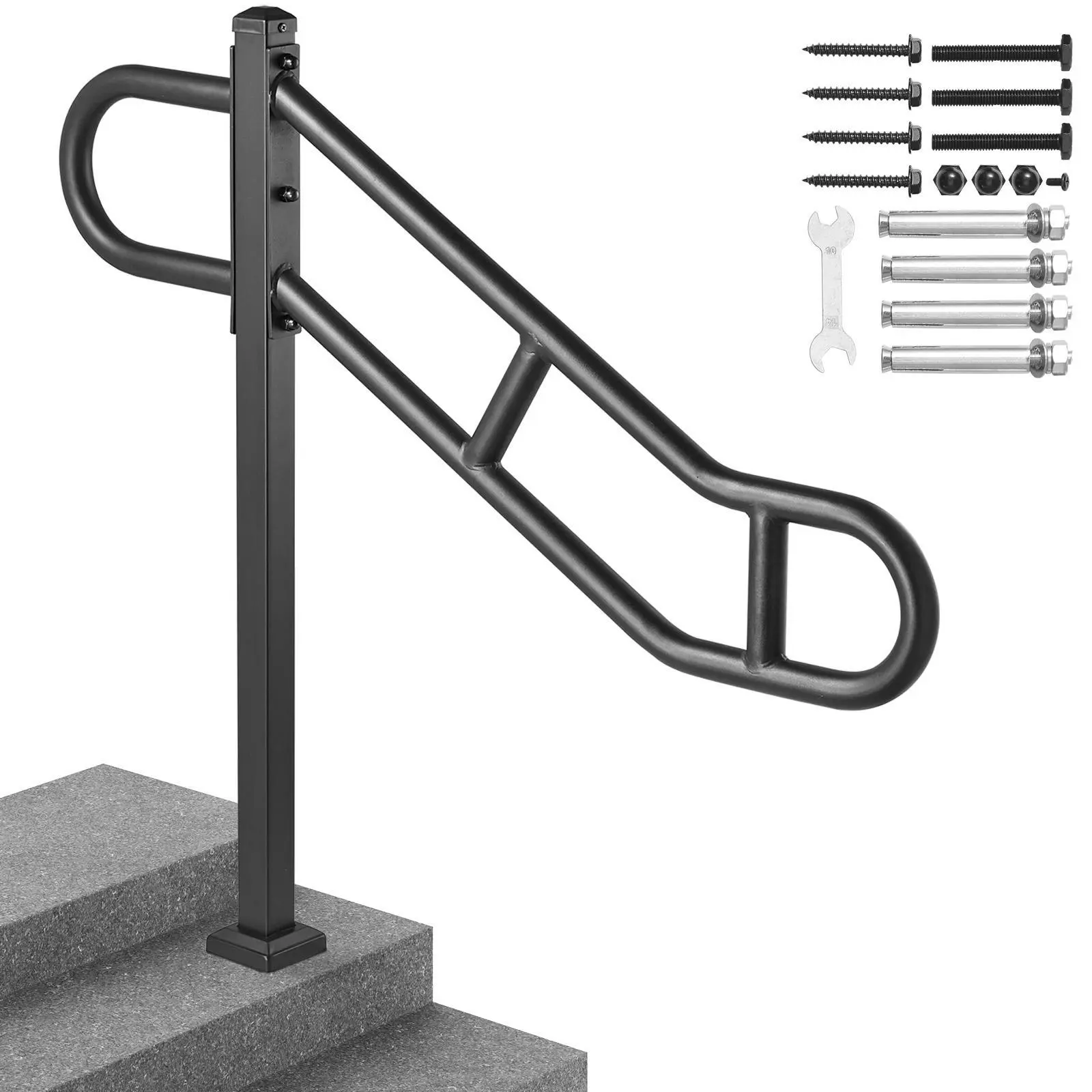 【SummerFinds】VEVOR Floor-Mounted Carbon Steel Single Post Stair Handrail, 40.5" L x 35.4" H Bent Metal Railing for 1-3 Outdoor Steps, U-Shaped Grab Rail with 2 Anti-Skid Bars, 250 lbs Capacity, Burr-Free Surface, Garden Safety Support for Concrete/Tile, T