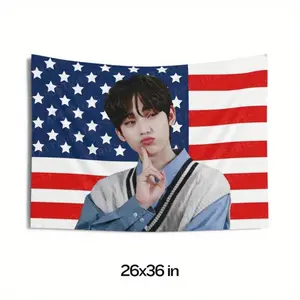1pc Sunoo Cute Pose American Flag Banner - Polyester, 26x36 Inches, Walk the Line Design, World Tour 2025, Kpop Fan Flag, Concert Banner|Vibrant Print|Durable Polyester, Sunoo Concert Banner