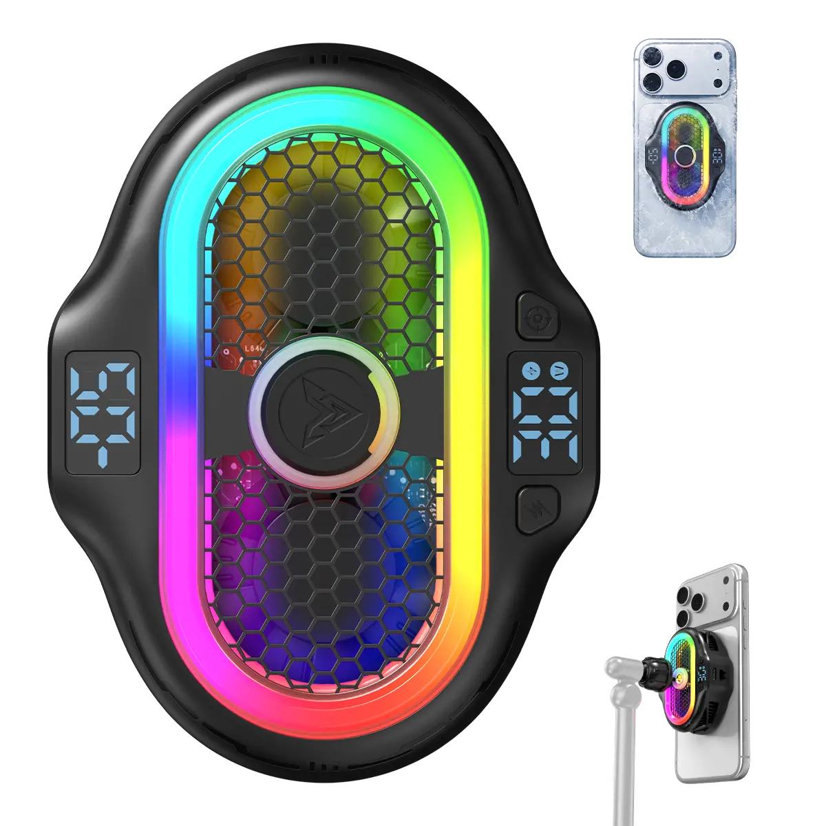Magnetic Wireless Charger Phone Cooling Station, Magnetic Cooler with Cooling Fan, Adjustable RGB Light, Rapid Cooling Power, Detachable Grip, Compatible with All Mobile Phones for Gaming, Live Streaming, Magnetic Phone Cooler