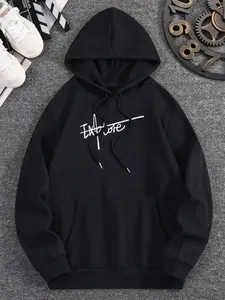 Menswear Baggy Long-Sleeve Pullover Hooded Sweatshirt - Urban Explorer Essential Top, Casual Loose Style, Features "EXPLORE" Slogan in Complex Letter-Digit Array With a Unique Story