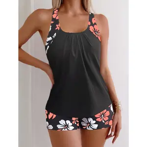 2026 Summer Black Printed Tankini Set Two Piece Modest Swimsuit Slim Fit for All Body Types with Floral Swim Bottoms and Black Printed Straps