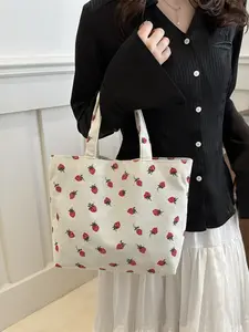 Strawberry Pattern Small Flower Rainbow Line Patch Design Tote Bag, Casual Corduroy Shoulder Bag, Fashion Medium Size Women's Handbag