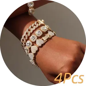 4Pcs Gold Bracelets for Women Silver Clustered Tennis Bracelet for Women Heart Round Diamond Cuban Bracelet Layered Link Bracelet Set Fashion Jewelry for Women Set