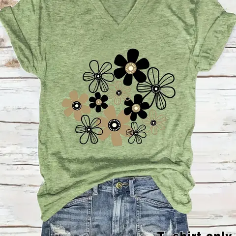 Spring Summer Floral Print V-Neck T-Shirt, Fashionable Comfort Casual Tee, Everyday Wear, Trendy Graphic Top for Women, Casual Stylish Tee, Breathable, Lightweight and Versatile