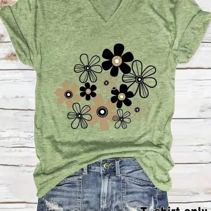 Spring Summer Floral Print V-Neck T-Shirt, Fashionable Comfort Casual Tee, Everyday Wear, Trendy Graphic Top for Women, Casual Stylish Tee, Breathable, Lightweight and Versatile