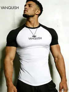 Men's Shoulder Pad Vanquish Print Fitness T-Shirt, Sports Tops, Street Style, High Elasticity, Quick-Dry, Breathable, Slim Fit, Ideal for Gym Training, Elastic Breathable Sportswear