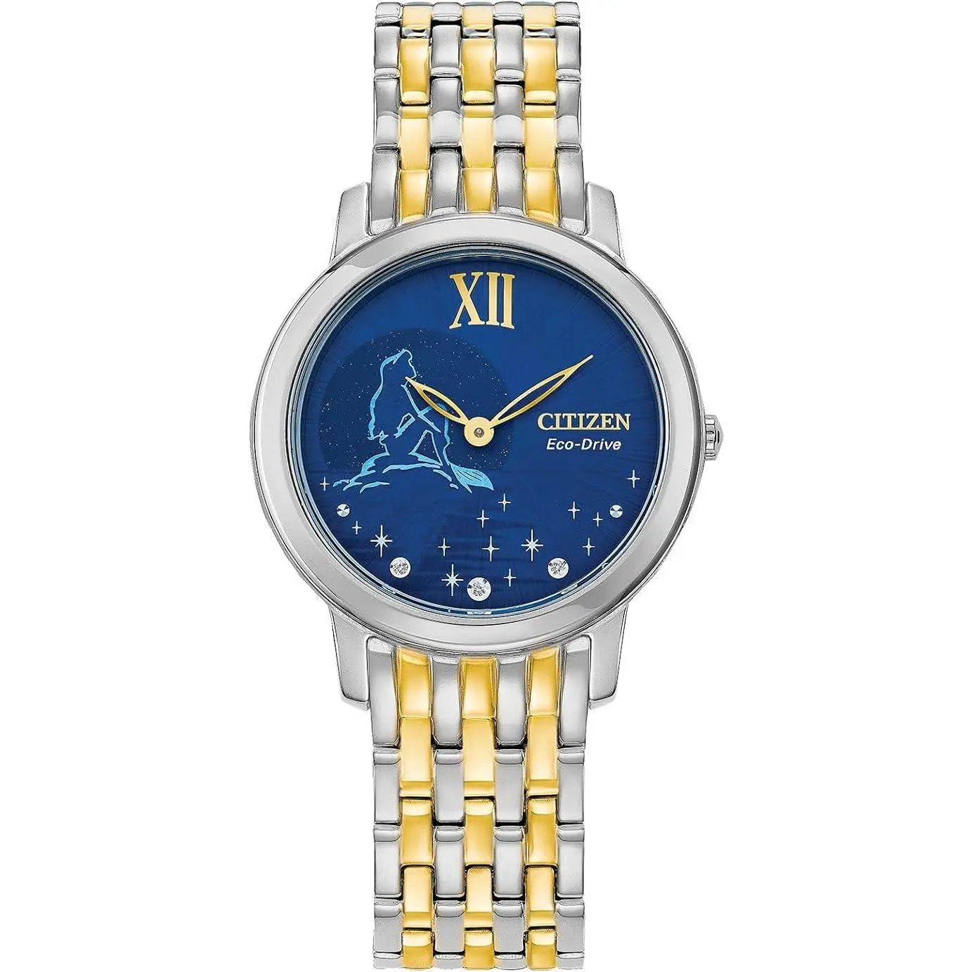 Citizen Ariel Diamond Disney Princess Ladies' Watch, 30m Water Resistance, Blue Dial, Quartz Drive, Steel Strap, Model EX1499-50W