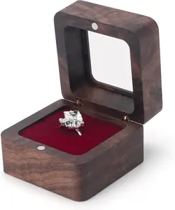 Ring Box, Wooden Ring Box for Wedding Ceremony, Mini Engagement Rings Holder Box with with Transparent Cover, Square Vintage Rings Bearer Box for Proposal Jewelry Storage Case (Red) ERDOGLY
