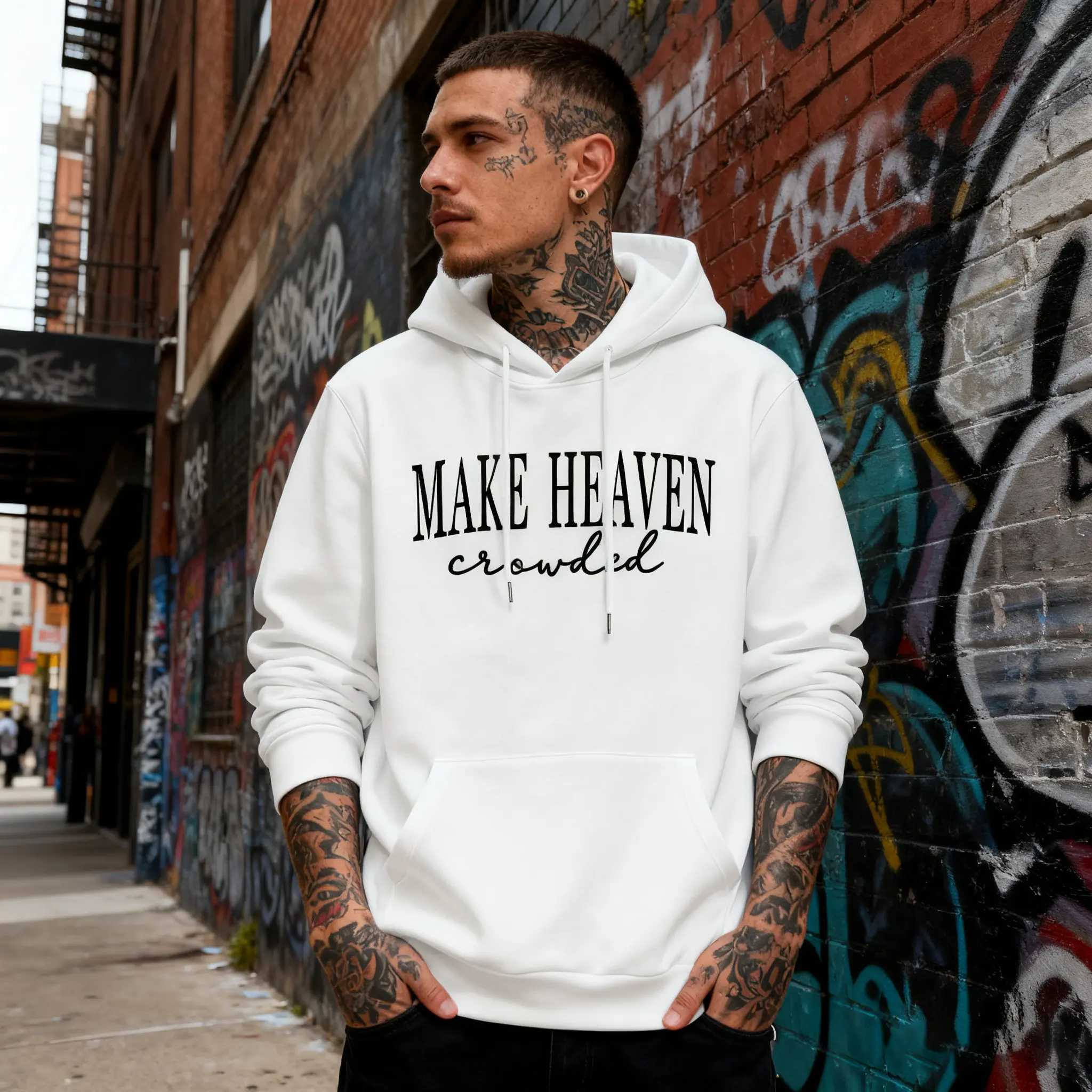 Men's "Make Heaven Crowded" Graphic Hoodie, Soft Stretchable Cotton-Blend Sweatshirt with a Casual Loose Fit, Long Sleeve Pullover with Pockets