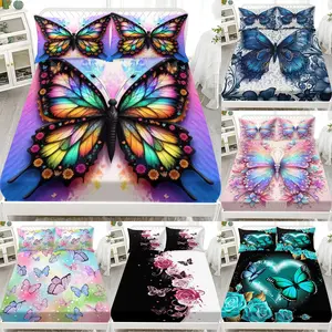 Butterfly Pattern -3-Piece Bed Sheet Set - Soft and Comfortable Bedding - Mattress Protective Cover - Suitable for bedroom, guest room, and dormitory decoration, Decorative Bedsheet Sets (1 bedsheet+2 pillowcases, without pillow core)