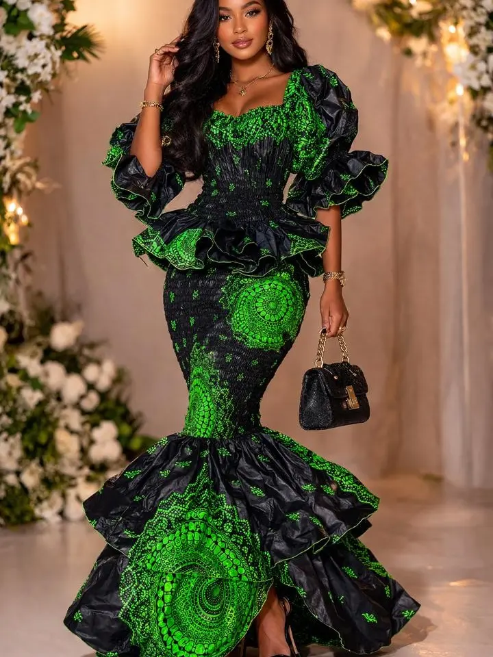 green emerald velvet dress African Print /Ankara/Kitenge Maxi Dress - Lime Green /Orange/Black Tribal Print Short Sleeved Button Down Long Shirt Dress main image 1