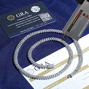 9mm Pass Diamond Test Moissanite Cuban Link Chain 925 Sterling Silver VVS Diamond Iced Out Women Single Rows Thin Necklace