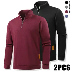 2pcs Men'S Fleece-Lined Half-Zip Pullover Sweatshirts, Casual Collared Neck, Long Sleeve, Slight Stretch, Solid Color, Regular Fit, Knit Fabric, for Spring, Autumn, Winter