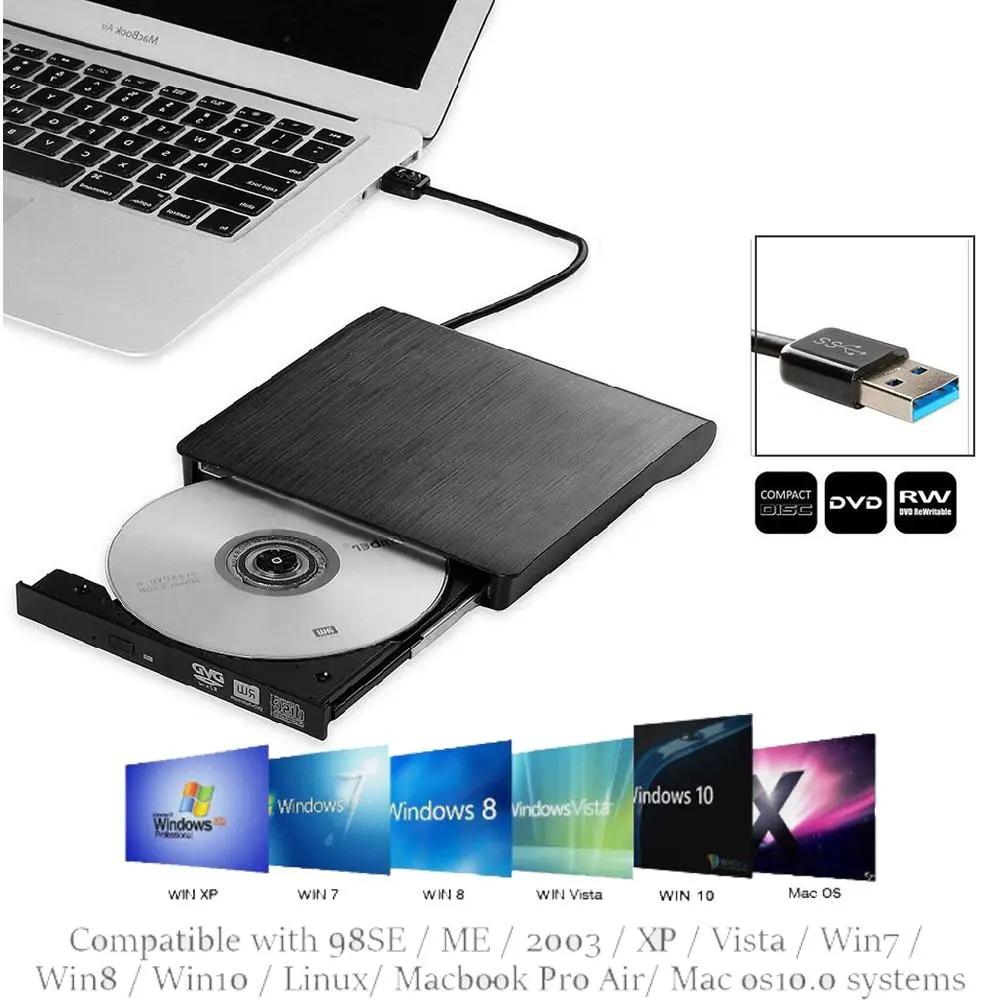 Universal External Optical Disc Drive, USB 3.0 CD DVD Reader & Writer, Durable housing, plug-and-play, supports disc playback and data burning for PC, Mac laptops