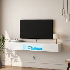 Floating TV Stand Wall Mounted – 63" Modern Entertainment Center with 16 RGB LED Colors, Large Storage & Cable Management for 55 60 65 Inch TV, White