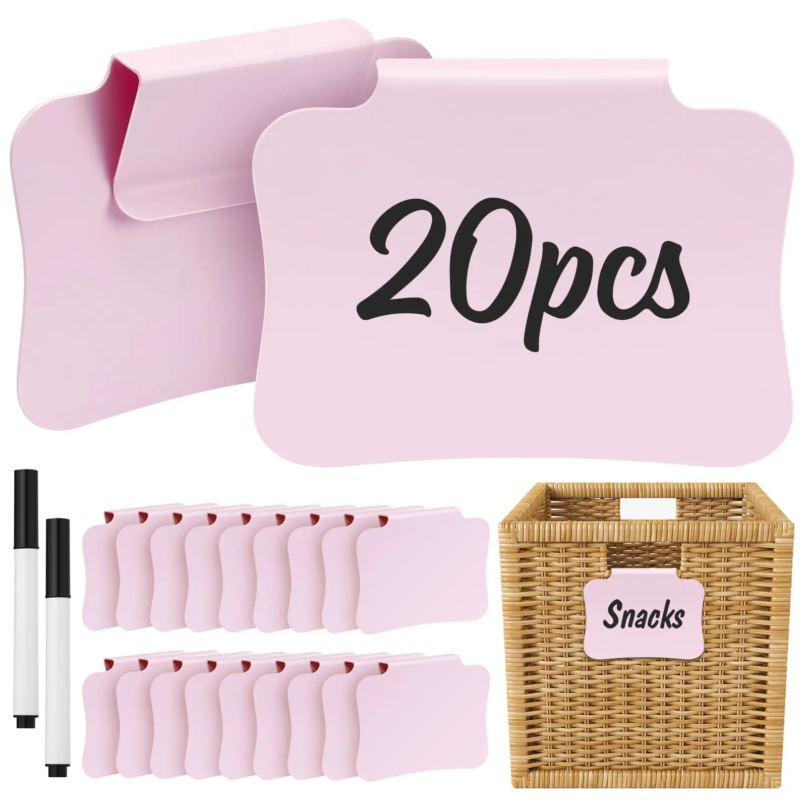 20PCS Basket Labels Clip On, Removable Plastic Bin for Storage Bins, Pantry Organization and Storage Hanging Tags for Basket Cube Box, Pink