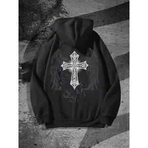 Y2K Gothic Angel Wings Hoodie, Stylish Black Hooded Sweatshirt with Intricate Cross & Wings Design, Loose Fit Fall/Winter Streetwear, 50% Cotton 50% Polyester, Casual Aesthetic Menswear graphic hoodies spider hoodie hoodies for women