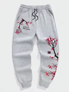 Men's Plus Size Plum Pattern Print Jogger Pants, Loose Comfortable Casual Fashion, Sporty Comfy Breathable, Perfect for Daily Outdoor Wear