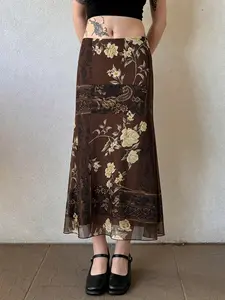 Vintage Floral Print Mesh Midi Skirt, Y2K Low Waist Summer Grunge Boho Style, Slim-Fitting Plaid Pattern, Women's Vacation Skirt, Casual Skirt