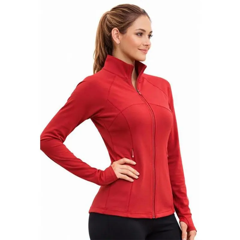Women's Slim-Fit Nylon Spandex Yoga Jacket, High Neck Workout Top with Thumbholes, Zippered Pockets and Double Stitch Body Line, Long Sleeve Tops, Female, Front Zipper Pockets, Slim-Fitting, Workout Wear, Plain, Small, Synthetics