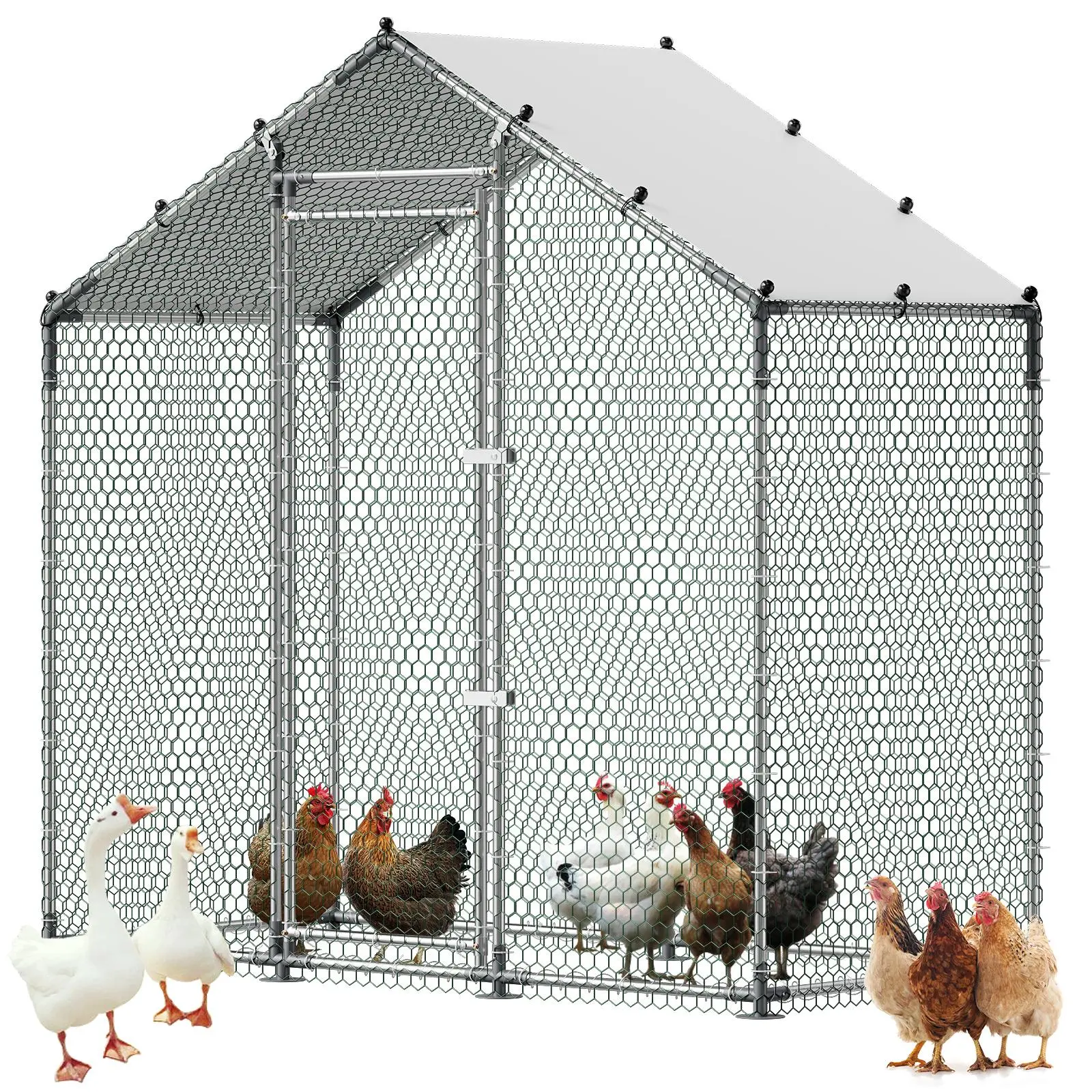 VEVOR Large Metal Chicken Coop Enclosure Complete Kit, 6.6x3.3x6.6 ft Walk-In Poultry Cage with Waterproof Cover, Sturdy Frame, Spire Roof, Hexagonal Wire Mesh, Ground Stakes, Enhanced Shelter for Chickens/Ducks, Father's Day Gift Option, Zip Ties, Spacio
