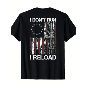 New[100% Cotton] [100% Cotton] Men'S "I Don'T Run, I Reload" American Flag Graphic T-Shirt - 100% Cotton, Crew Neck, Short Sleeve, Regular Fit, Casual All-Season Wear With Patriotic Design, Perfect For Holidays & Everyday Golf Gift T-Shirt For Men And Wom