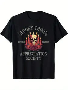 Men' Gothic T-Shirt Compatible for Halloween - Spooky Things Graphic Tee with Skull, Roses & Candles - Black Dark Theme Costume Outfit, Loose Fit Casual Top for Horror Fans & Gothic Fashion Lovers - Ideal Gift for Men & Goth Subculture, PLUS SIZE
