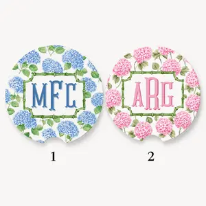 Hydrangea  Monogram Floral Car Coaster, Hydrangea Cup Holder Coaster, Personalized Initial Car Decor, Preppy Bamboo Frame Gift for Women