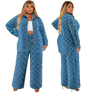 Plus Size Denim Sets Long Sleeve Denim Jacket And Jeans Pants Set