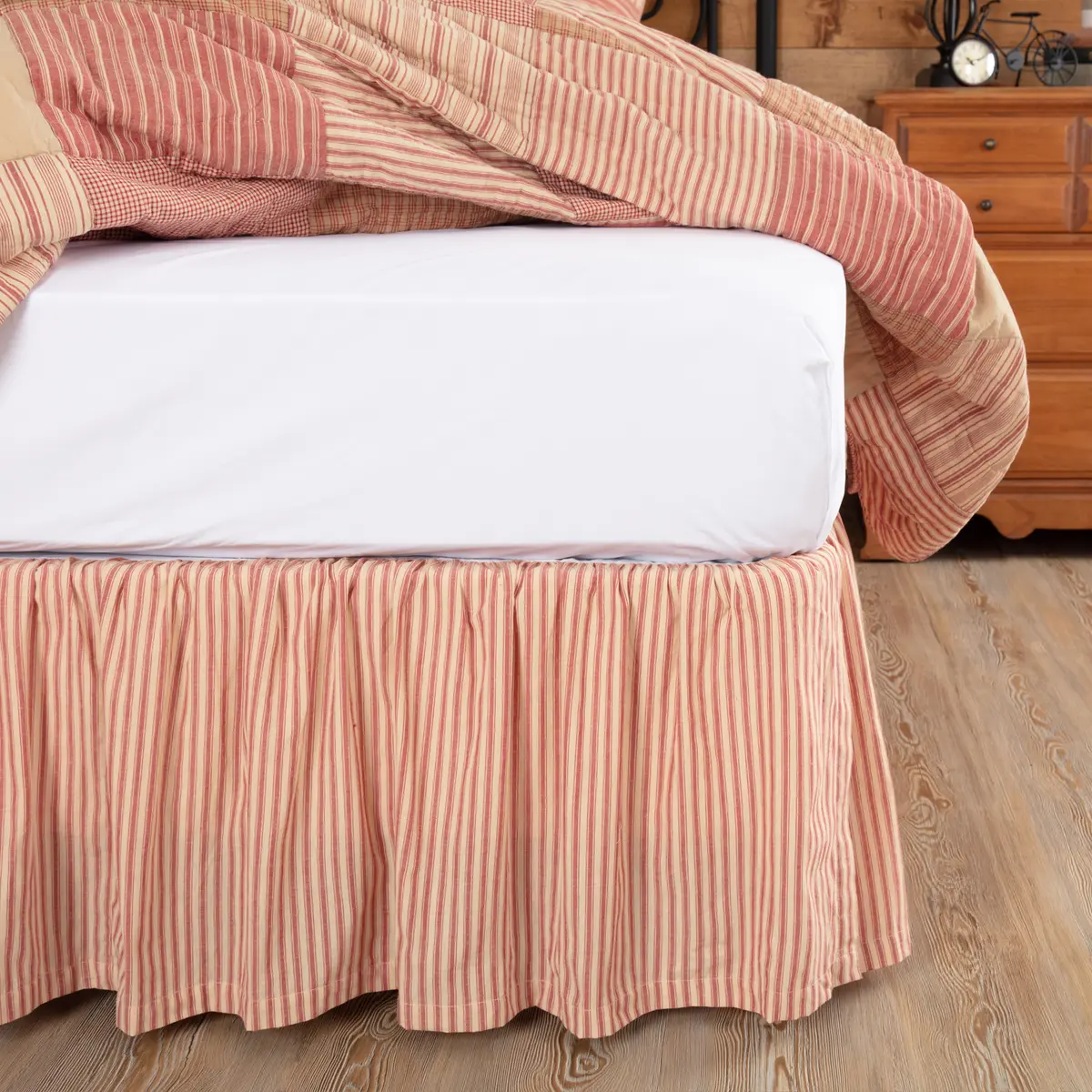 Farmstead Red and Tan Ticking Stripe Cotton Bed Skirt, Country Chic Style for Twin, Queen Sizes, Stripes