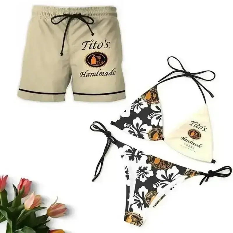 Matching Tito's Floral Swimsuits for Couples -Swim Bra & Tie Side String Bikini + Men's Beach Shorts, Summer Vacation Swimsuit, Hawaiian Shirt Style, Aloha Beach Outfit, Casual Holiday Bathing Suits, Menswear & Womenswear