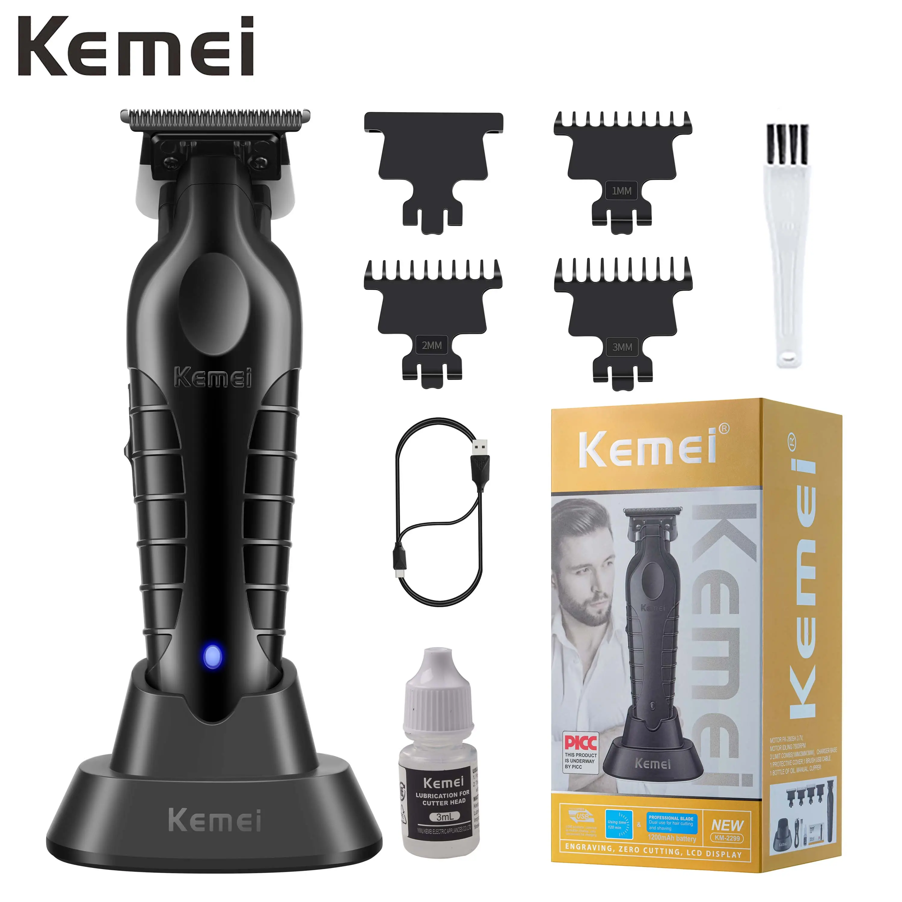 KEMEI 2299 Professional Men's Hair Clipper & T-Blade Beard Trimmer - Barber Equipment, Battery-Powered Wireless Hair Trimmers & Clippers with Charging Dock, Cordless Rechargeable