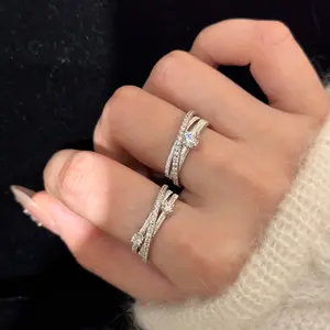 Women's 3-Layer Cluster Cubic Zirconia Ring - Gold-Plated Gold, Adjustable Fitted, Retro Black, Minimalist Stackable, Casual Daily Elegant Costume Jewelry Accessory, Gold Rings, Cluster Rings