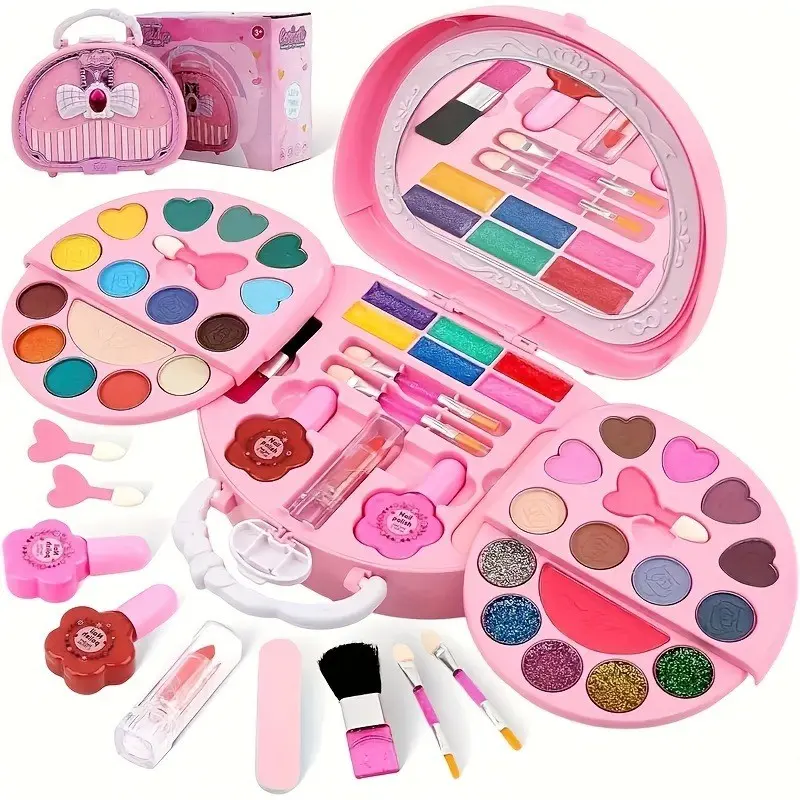 Kids Makeup Kit for Girls, Washable Pretend Play Cosmetic Playset with Portable Case, Pretend Beauty Toy with Lipstick, Eyeshadow & Blush, Ideal Christmas, Birthday & Easter Gift for Little Girls, Princess Dress Up Role Play Toy