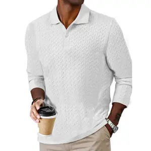 Men's Textured Knit Long-Sleeve Polo Beige Plain Casual Khaki Knitwear for Daily Wear & Motocross Outfit Stylish Menswear Top