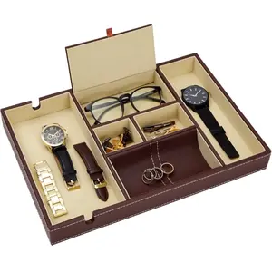 Leather Valet Catchall Tray for Men with 6 Compartments - Bedside Nightstand Organizer for Phones (Brown)