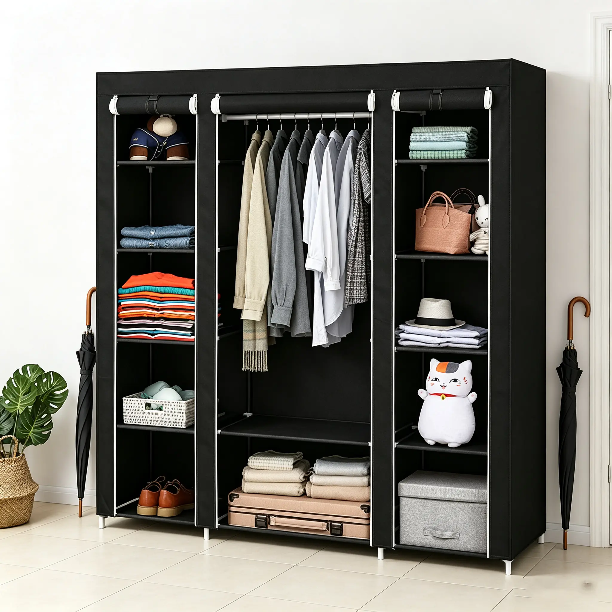 69" Portable Clothes Closet Wardrobe Storage Organizer with Non-Woven Fabric Quick and Easy to Assemble Extra Strong and Durable Black