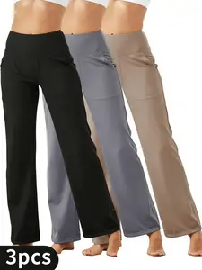 3-Pack Solid Color Women's Fleece-Lined Wide-Leg Yoga Trousers with Pockets High Waisted Loose Palazzo Style for Casual Wear Leg Pants Womenswear Minimalist Everyday Bottom