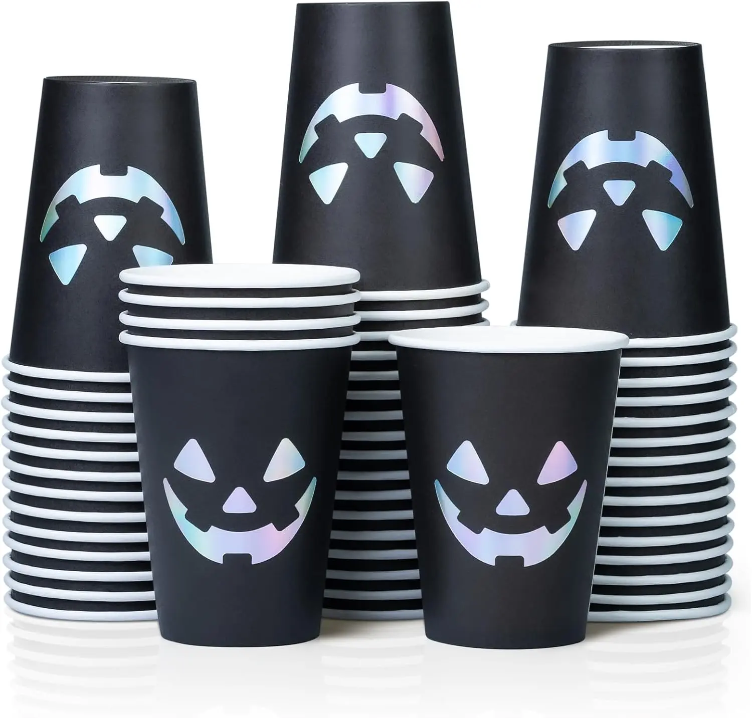 Halloween Disposable Cylindrical Cups, 50-Pcs Pack 12 oz Leak-Proof Heat Resistant Hot/Cold Single-Use Paper Drink Cups with Jack-O-Lantern Black & Silver Design for Parties, Restaurants