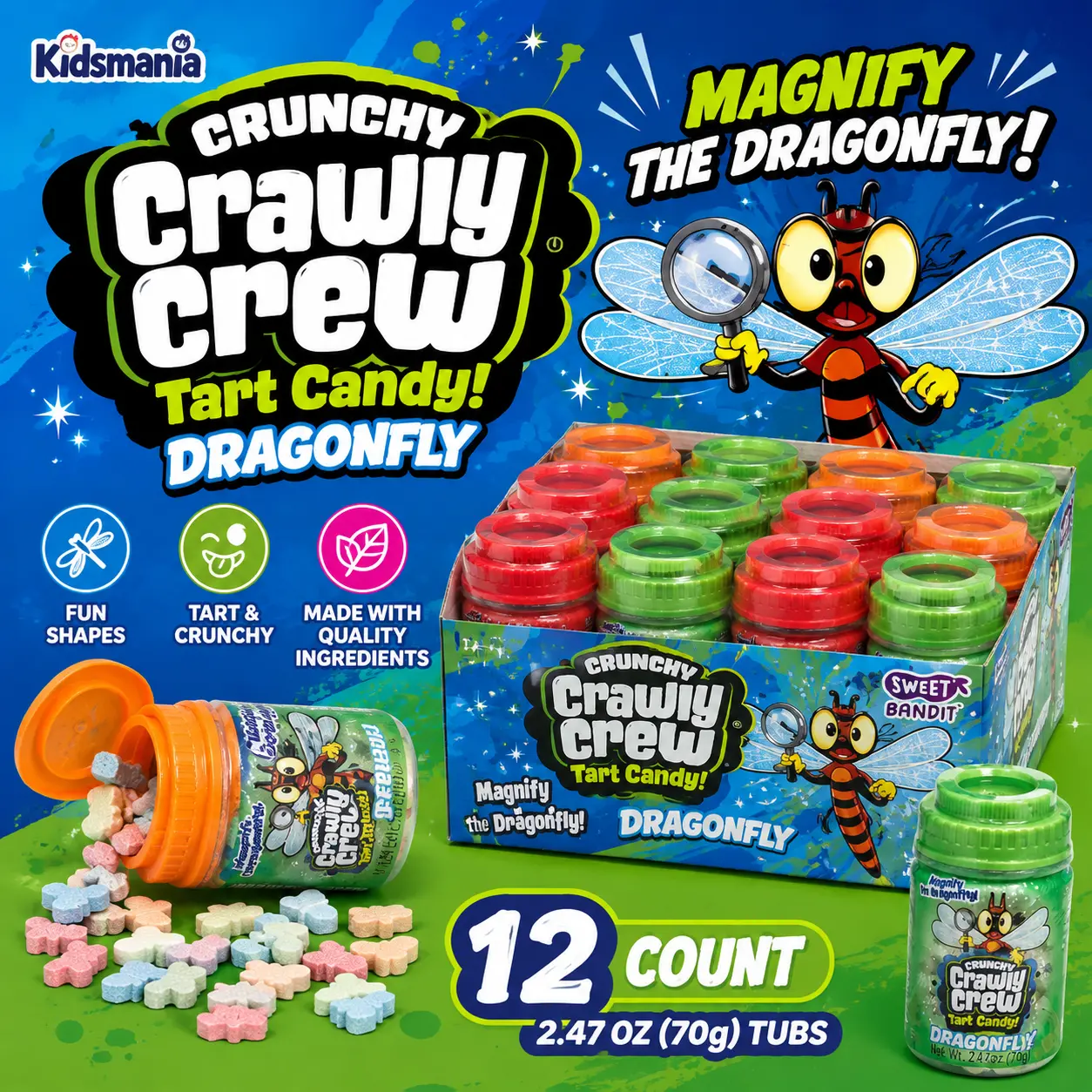 Kidsmania Crunchy Crawly Crew Tart Dragonfly Sugar Candy, 2.47 oz, 12 Pcs Novelty Candy