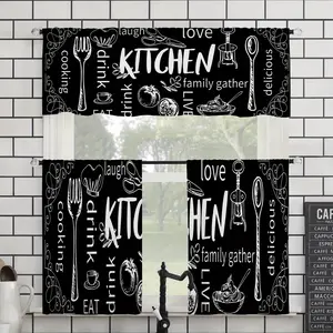 Kitchen Curtain Set 3 Piece Minimalist Design with Striped and Graffiti Print, Elegant Home Decor Room Decor Curtain Best Gift Idea Window Curtain