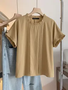 ZANZEA Women's Casual Shirt Blouses, Round Neck Short Sleeve, Peter Pan Collar, Striped Design, Solid Color, Perfect for Everyday Daily Wear Tops Chic