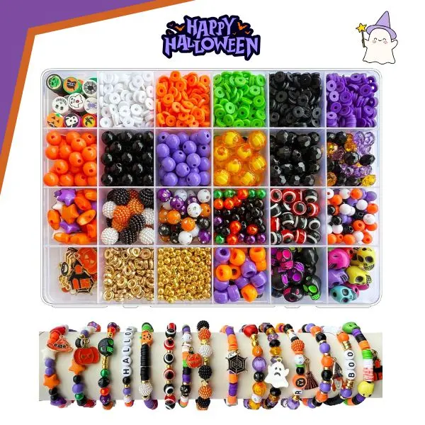 1970 PCS Halloween Bracelet Making Kit, Halloween Clay Beads with Pumpkin Ghost Skull Spider Charms, Polymer Beads for DIY Friendship Bracelets, Jewelry Making Kit, Halloween Craft Supplies for Kids & Adults