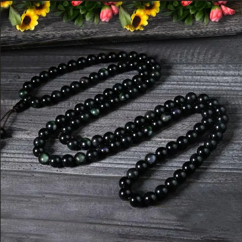 Natural Rainbow Eye Obsidian 108-Bead Unisex Stretchy Mala Bracelet, Healing Crystal Beaded Bracelet for Spiritual Protection, Healing Crystal Bracelet, Beaded Bracelets
