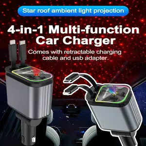 4 In 1 Super Fast Car Charger with Starry Sky Projection Light 180° Rotatable Car Charger with 80cm Retractable Cable & 2 Charging Ports USB Type C Universal Multifunctional Car Charger Colorful Starlight Car Adapter for Phone and IPad ,Car Essentials