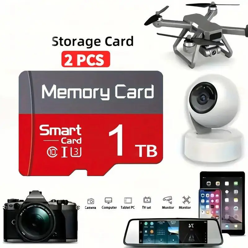 2PCS 1TB Memory card, flash memory, micro SD card, TF card, SD card, tablet computer/camera/mobile phone/laptop /PC/ car audio/game console/audio memory, TF card and adapter, micro TF monitoring system Microsdxc Card