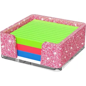 Sticky Note Holder Glitter Pink Acrylic Notepad Holder 3x3 in Self-Stick Note Dispenser Office Desk Accessories Memo Pad Holder Organizer for Classroom School Supplies